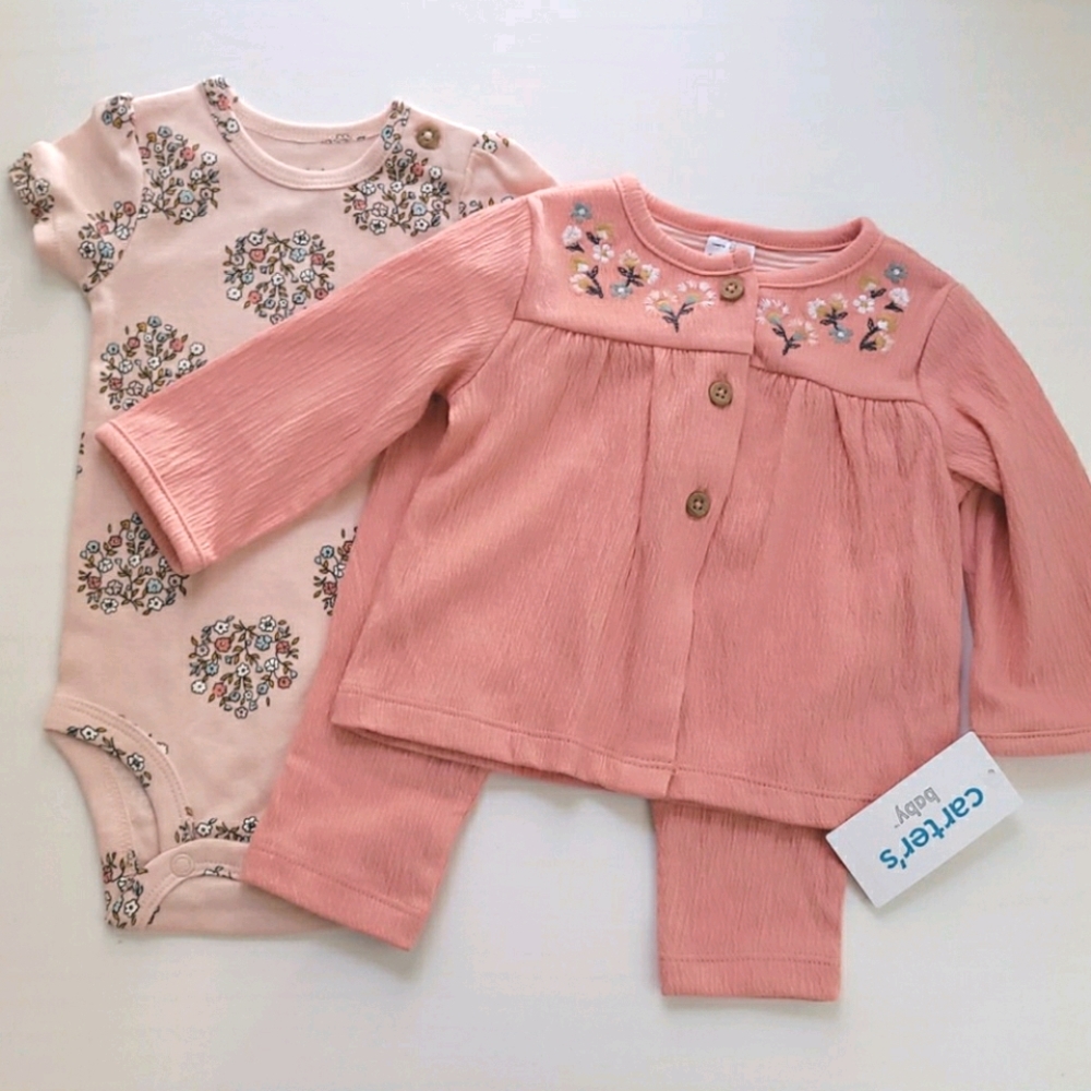 NWT Carter's 3 pc set Baby Girl Cardigan Pants 0-3